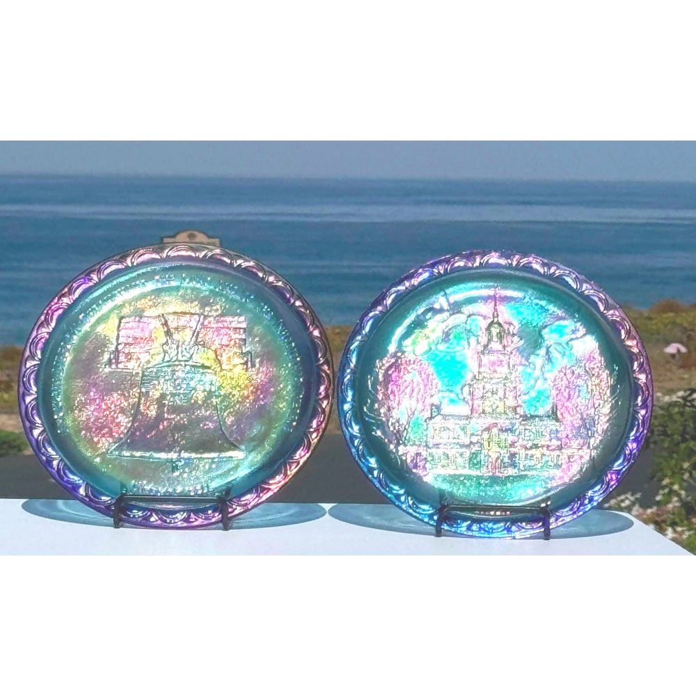 Liberty Bell Independence Hall Fenton Carnival Glass 2 Plate Set 8in Blue 1970s